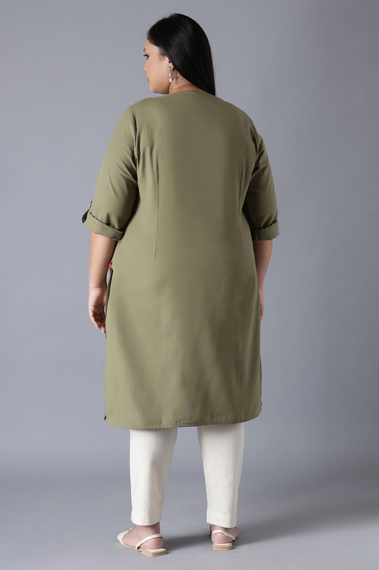 W for Woman Green Round Neck Solid kurta