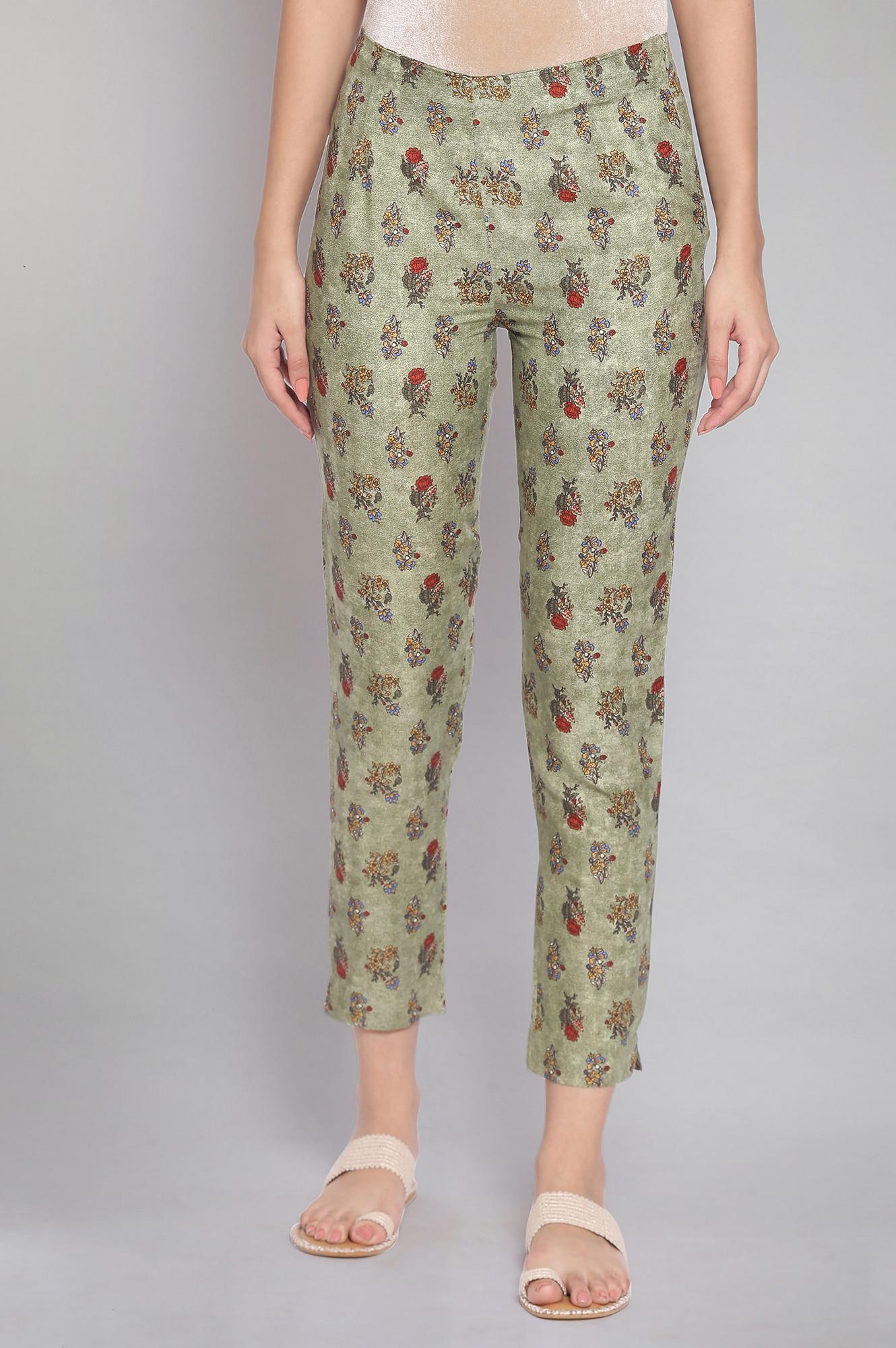 W for Woman Smoked Green Floral Print Slim Pants