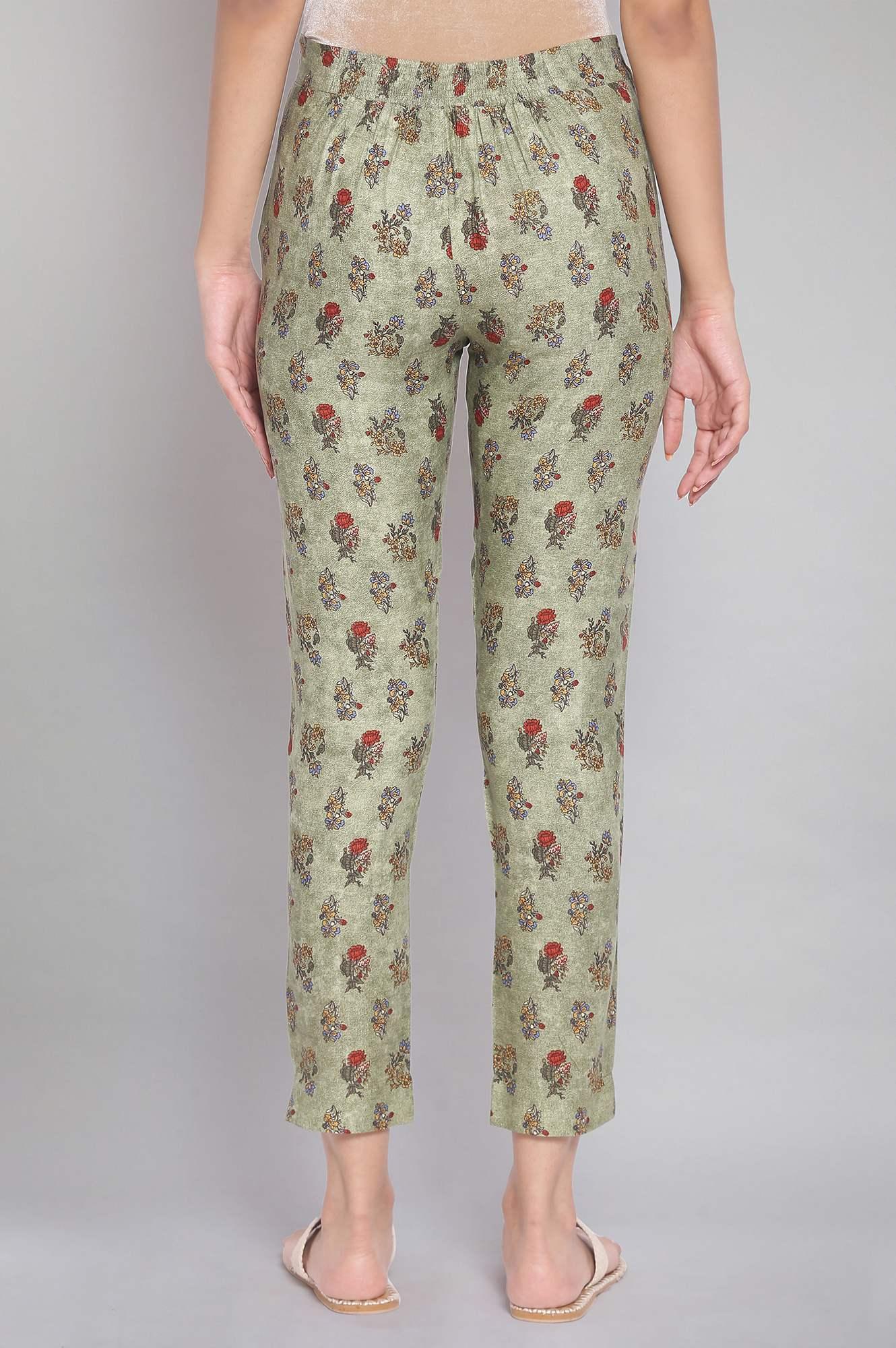 W for Woman Smoked Green Floral Print Slim Pants