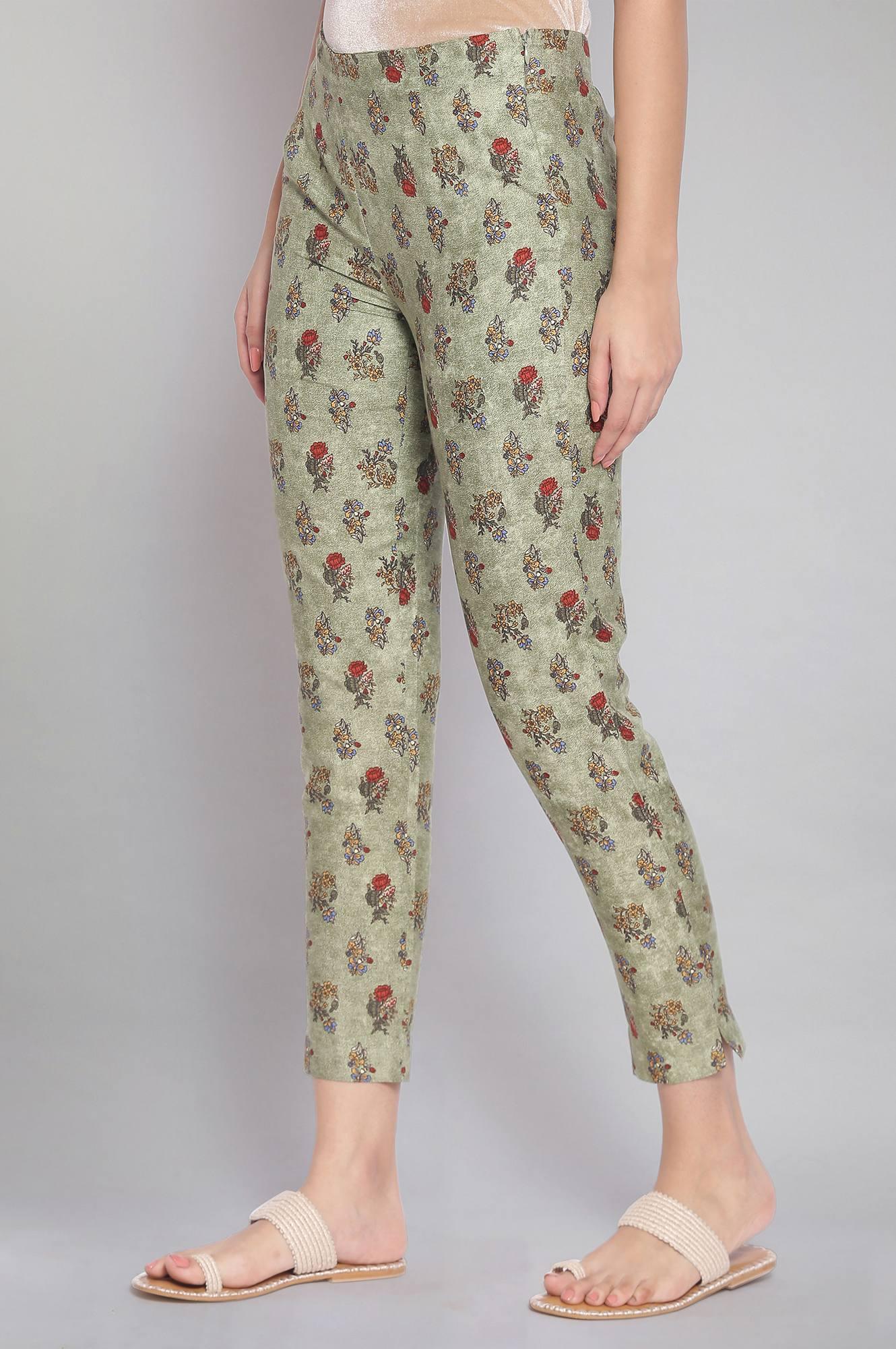 W for Woman Smoked Green Floral Print Slim Pants
