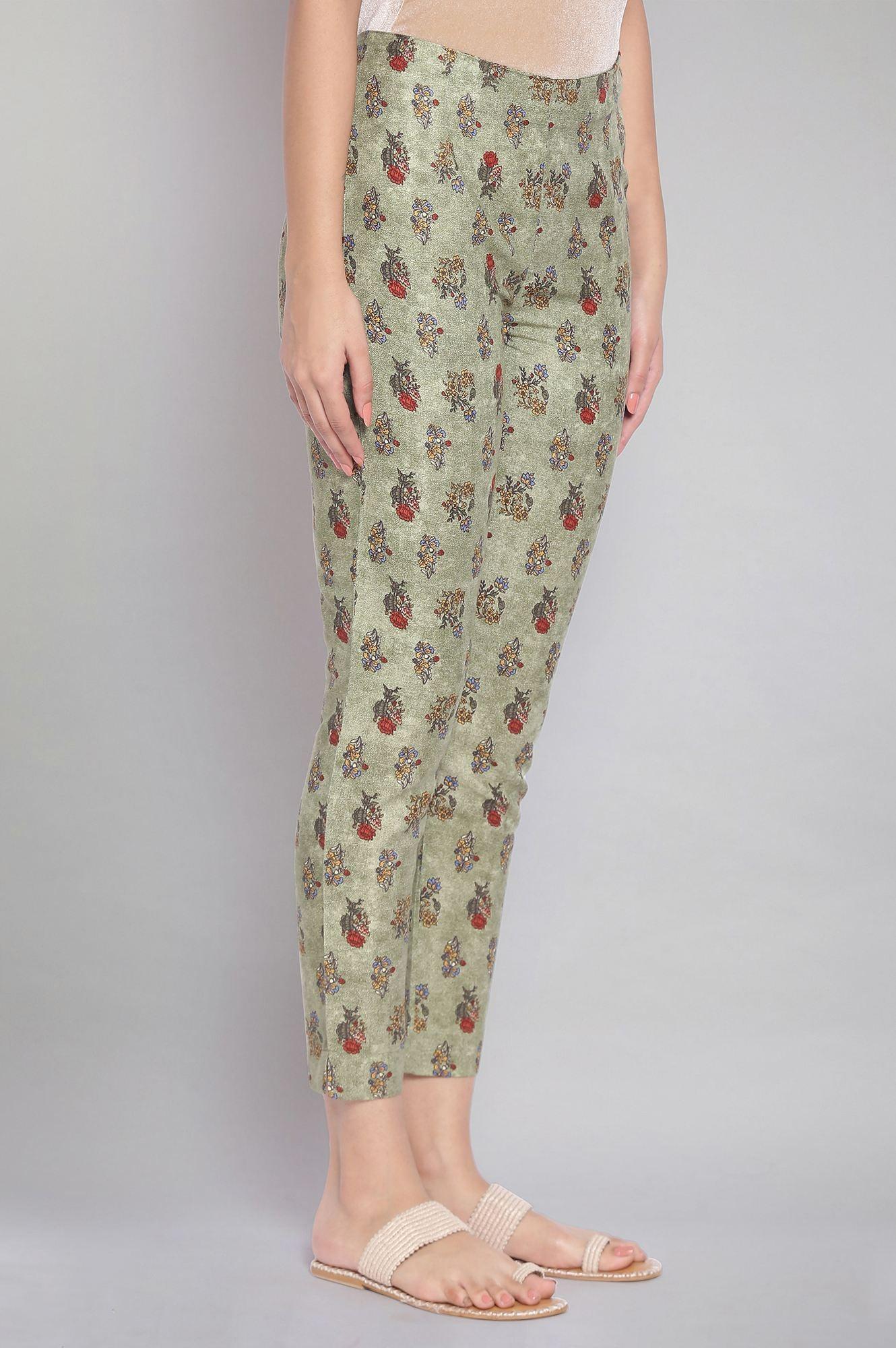 W for Woman Smoked Green Floral Print Slim Pants
