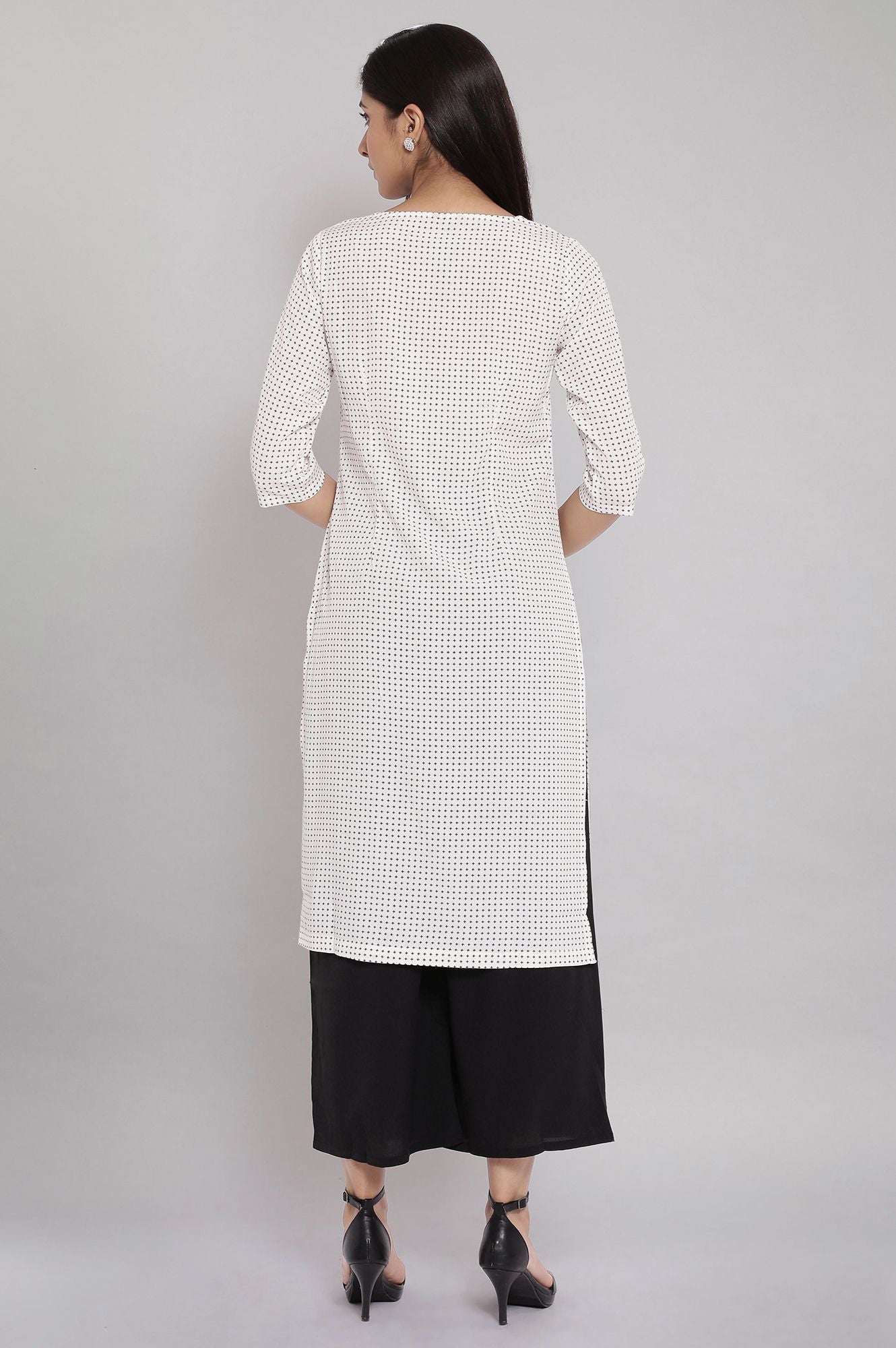 W for Woman Ecru Printed kurta With Black Parallel Pants