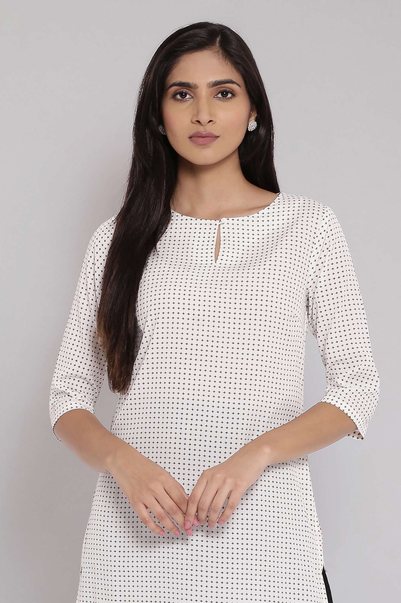 W for Woman Ecru Printed kurta With Black Parallel Pants