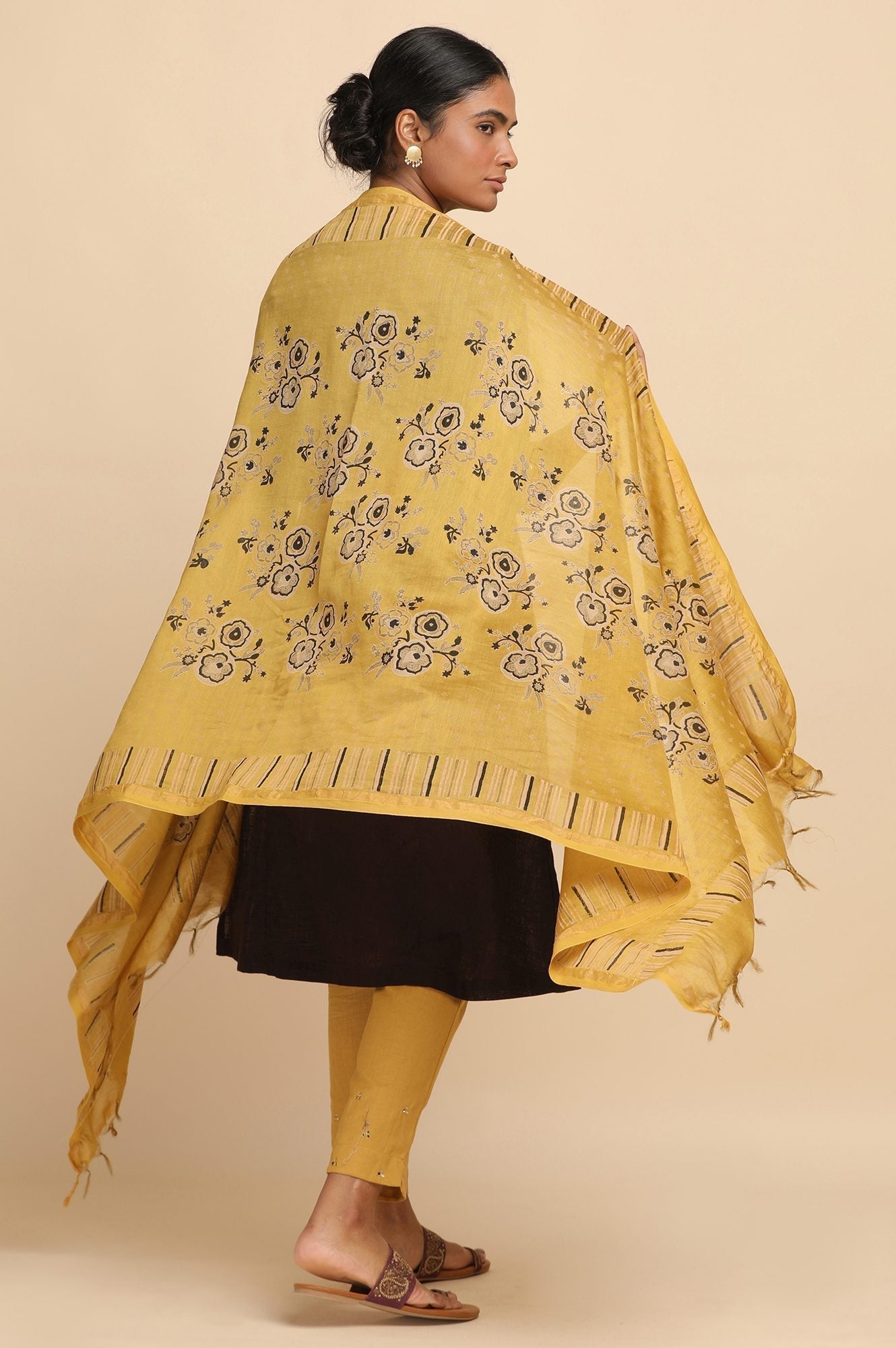 W for Woman Yellow Cotton Silk Block Printed Drape  Grab2Buy WforWoman Grab2Buy