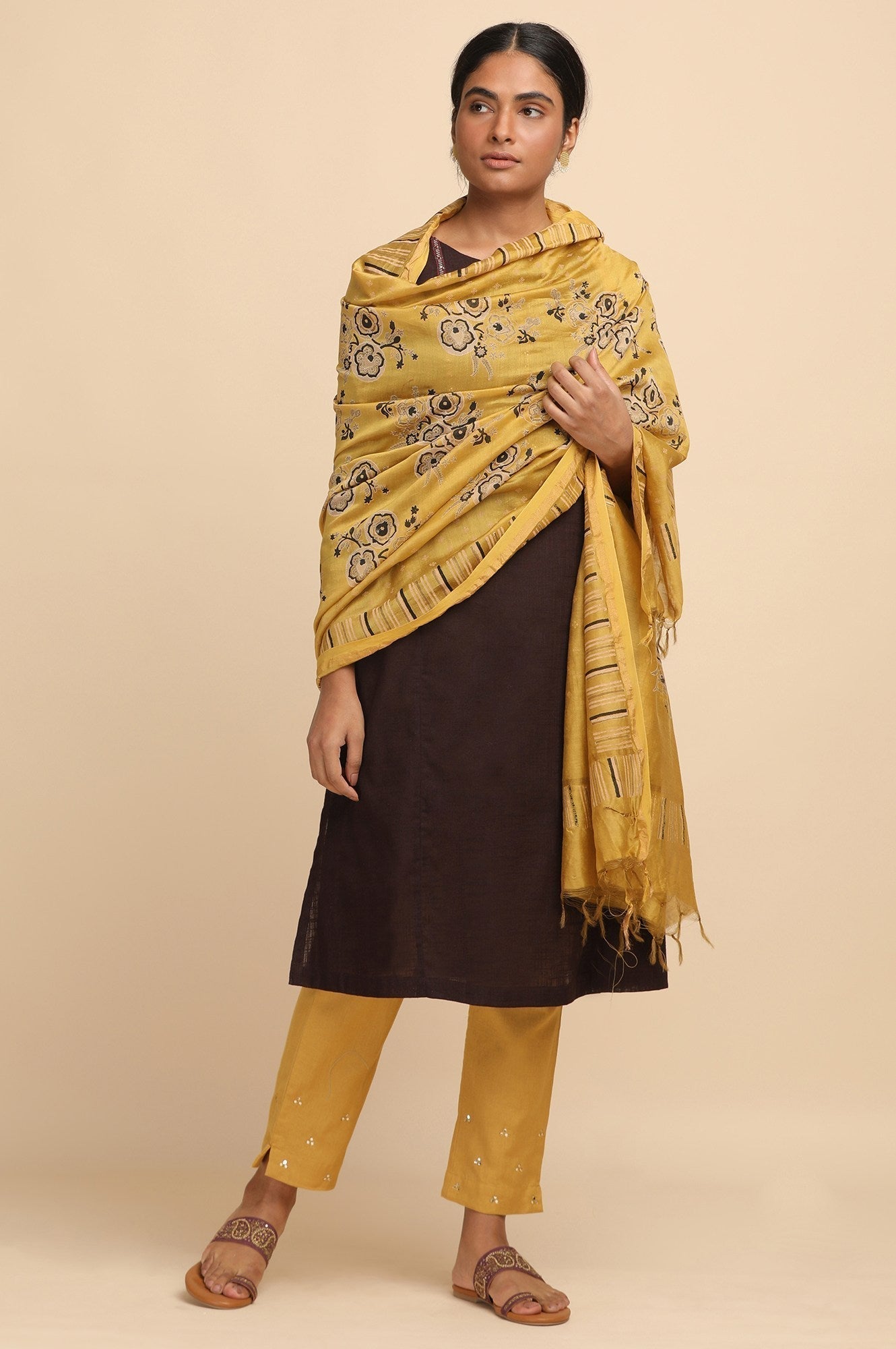 W for Woman Yellow Cotton Silk Block Printed Drape  Grab2Buy WforWoman Grab2Buy