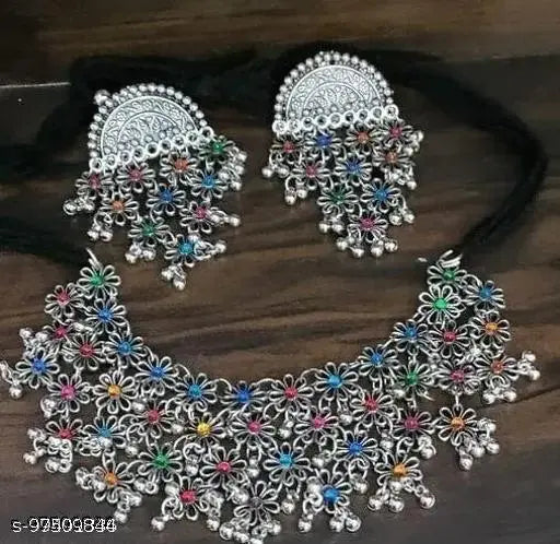 Tehzeeb Creations Women's Silver Color Oxidised Necklace Set With Multi Kundan Tehzeeb Creations