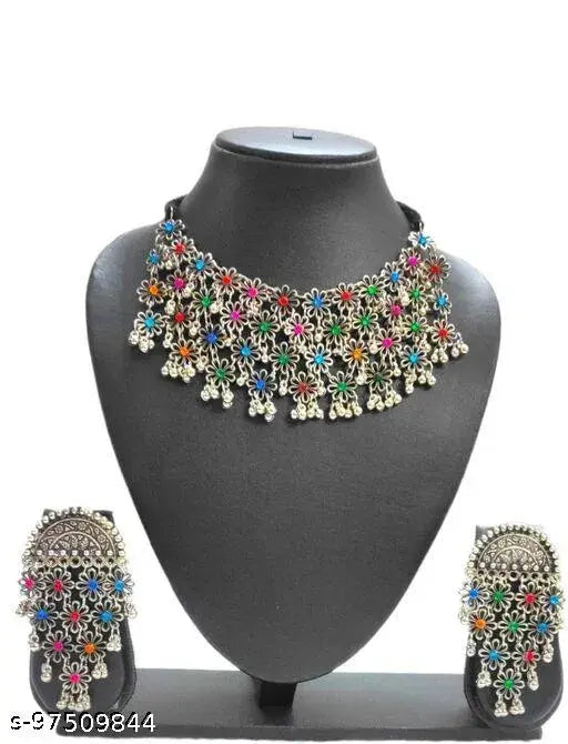 Tehzeeb Creations Women's Silver Color Oxidised Necklace Set With Multi Kundan Tehzeeb Creations