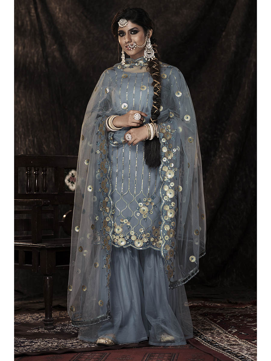 Myra Grey Net Embroidered Sharara Suit 