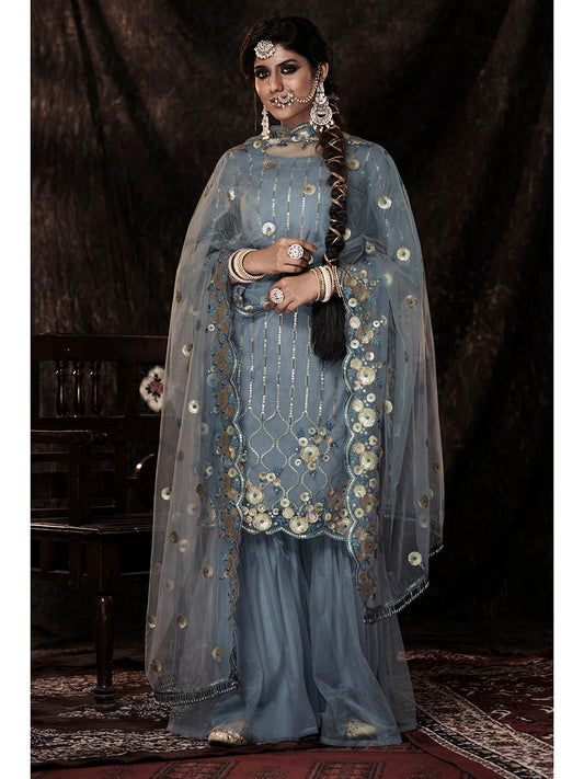 Myra Grey Net Embroidered Sharara Suit 