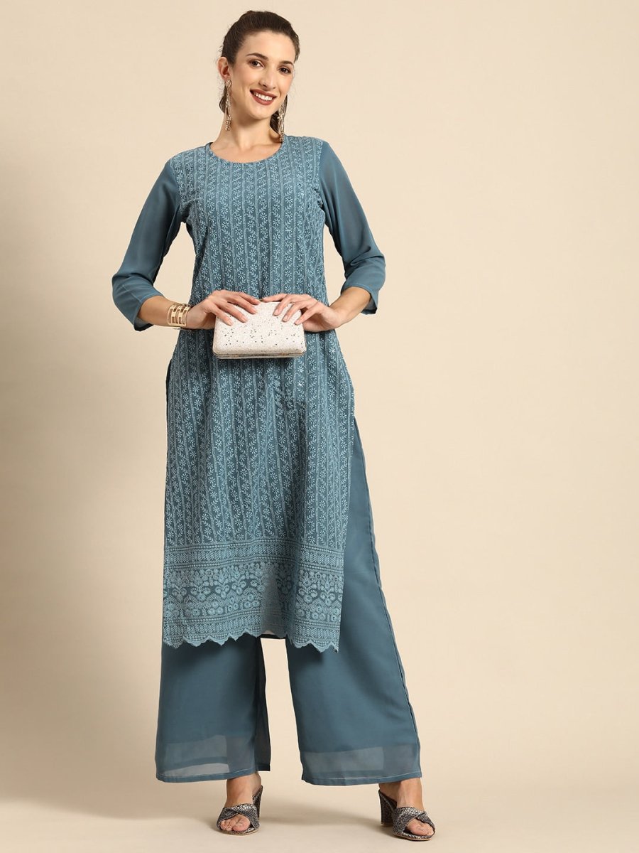 All About You Women Grey Ethnic Motifs Embroidered Regular Chikankari Kurta with Palazzos 