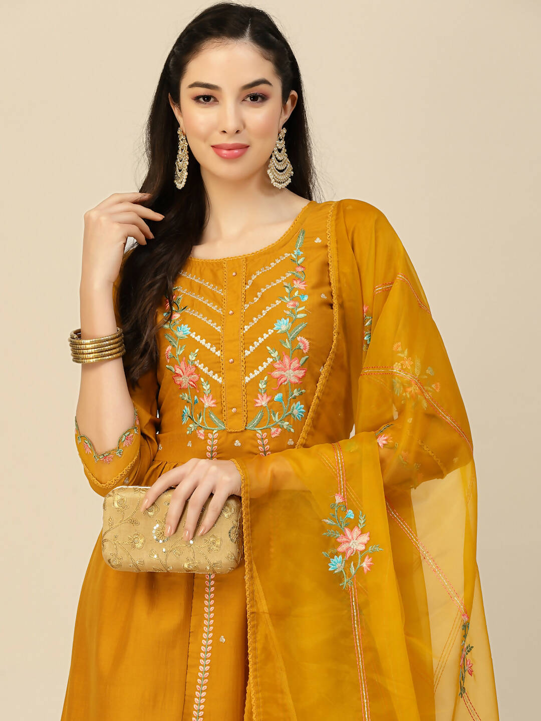 Mustard Embroidered Chinon Straight Kurta With Trouser & Dupatta - Salimar