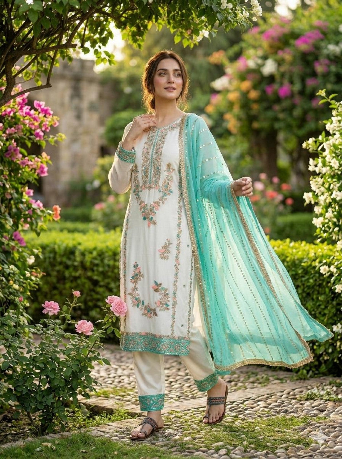 Anaita Blue & White Gimmy Chu Readymade Suit with Embroidery & Moti Work