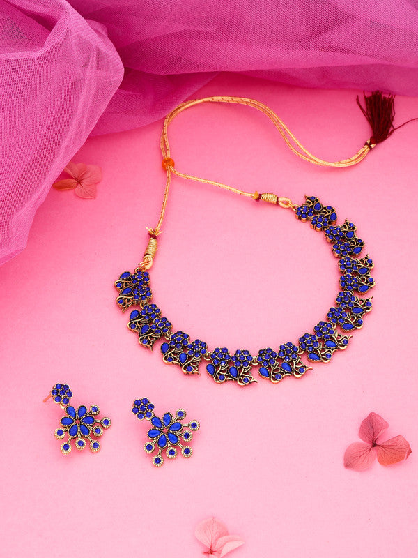 Tehzeeb Creations Luxurious Gold Polished Blue Colour Diamond Choker Necklace Set With Matching Earrings Tehzeeb Creations