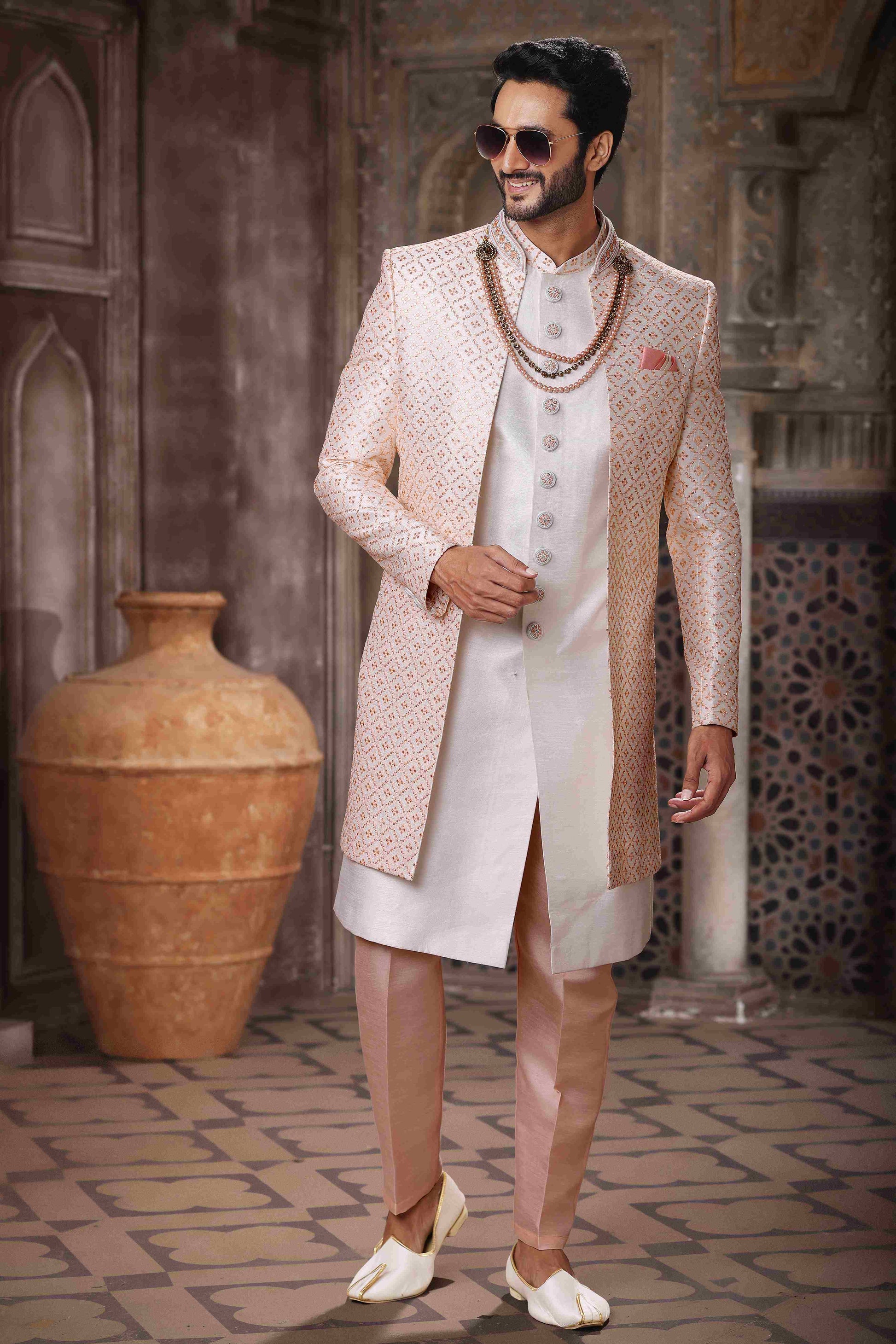 Raivat Ethnic Art Silk Embroidery Work 3 Pcs Indo Jacket Set In Cream Colour
