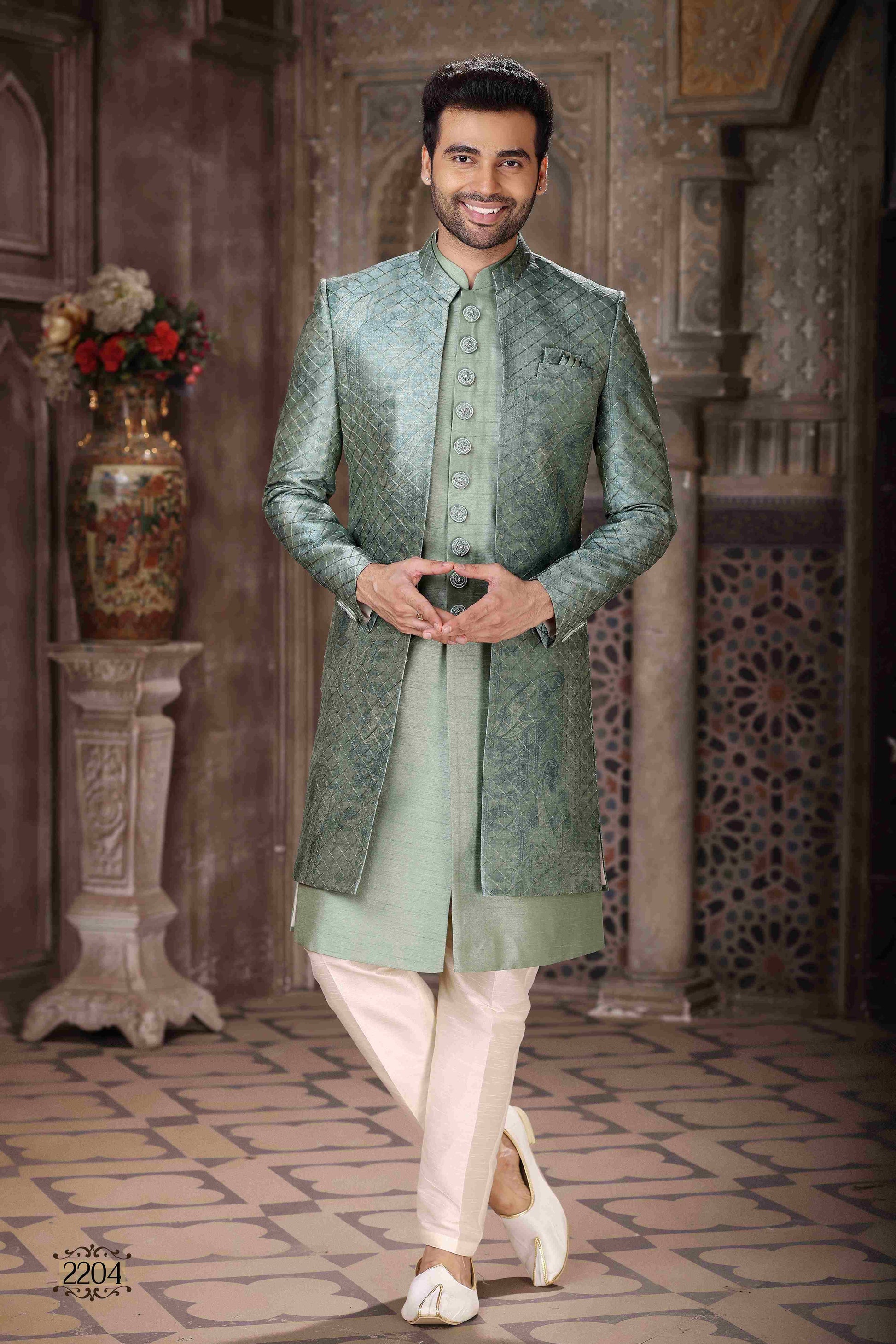Raivat Ethnic Art Silk Embroidery Work 3 Pcs Indo Jacket Set In Green Colour