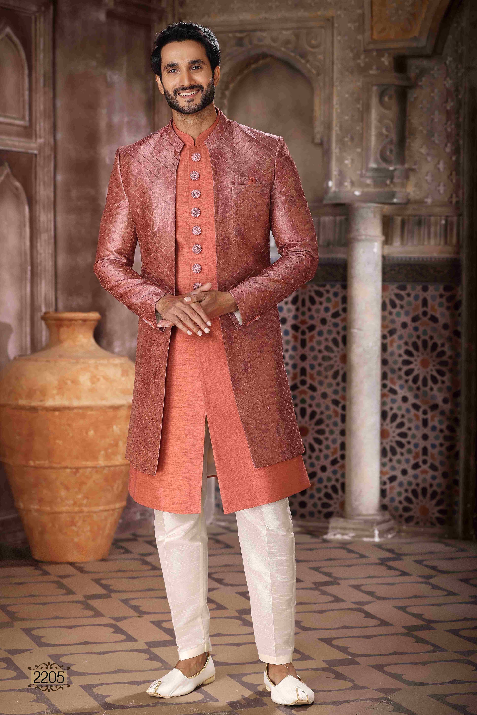 Raivat Ethnic Art Silk Embroidery Work 3 Pcs Indo Jacket Set In Brown Orange Colour