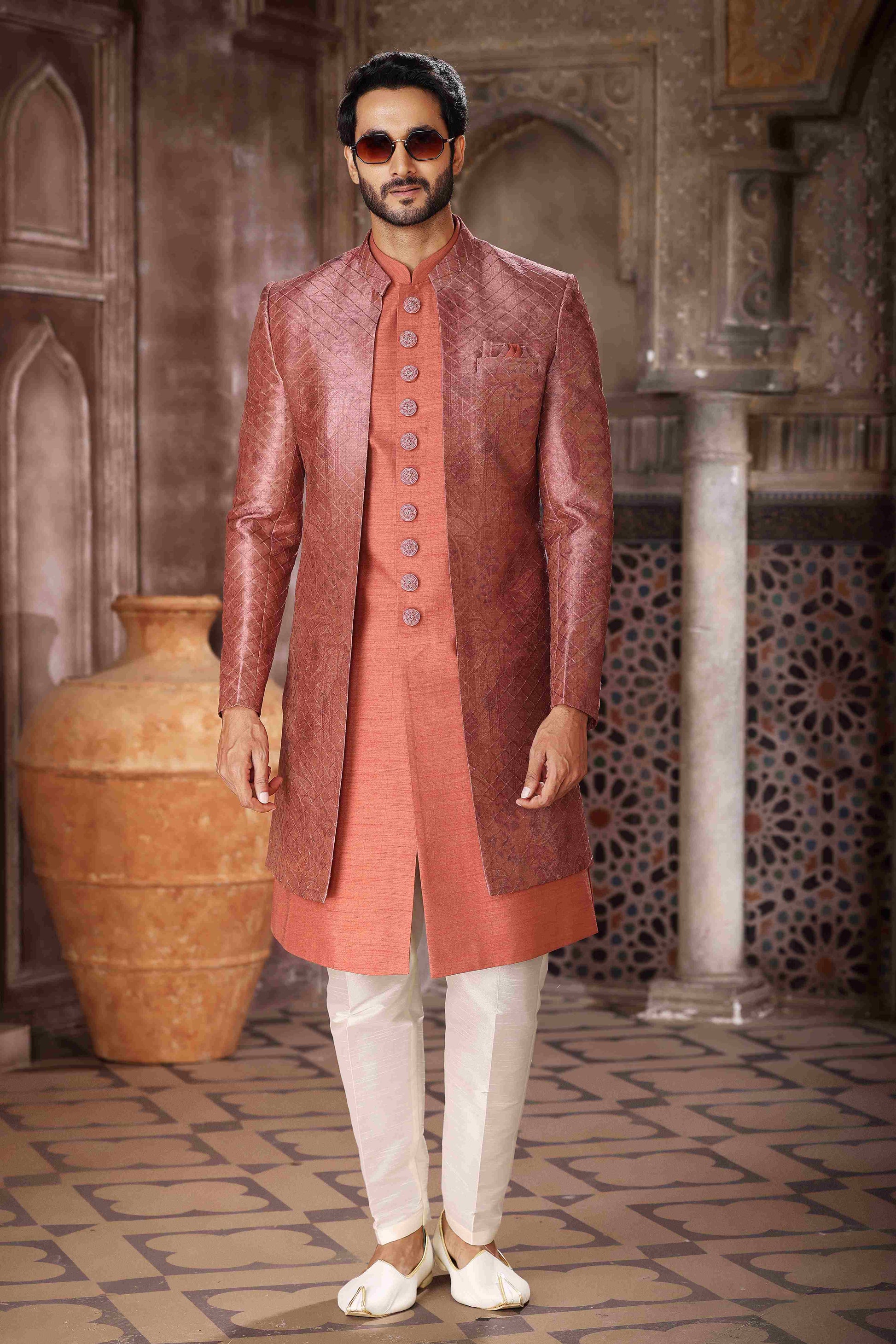 Raivat Ethnic Art Silk Embroidery Work 3 Pcs Indo Jacket Set In Brown Orange Colour