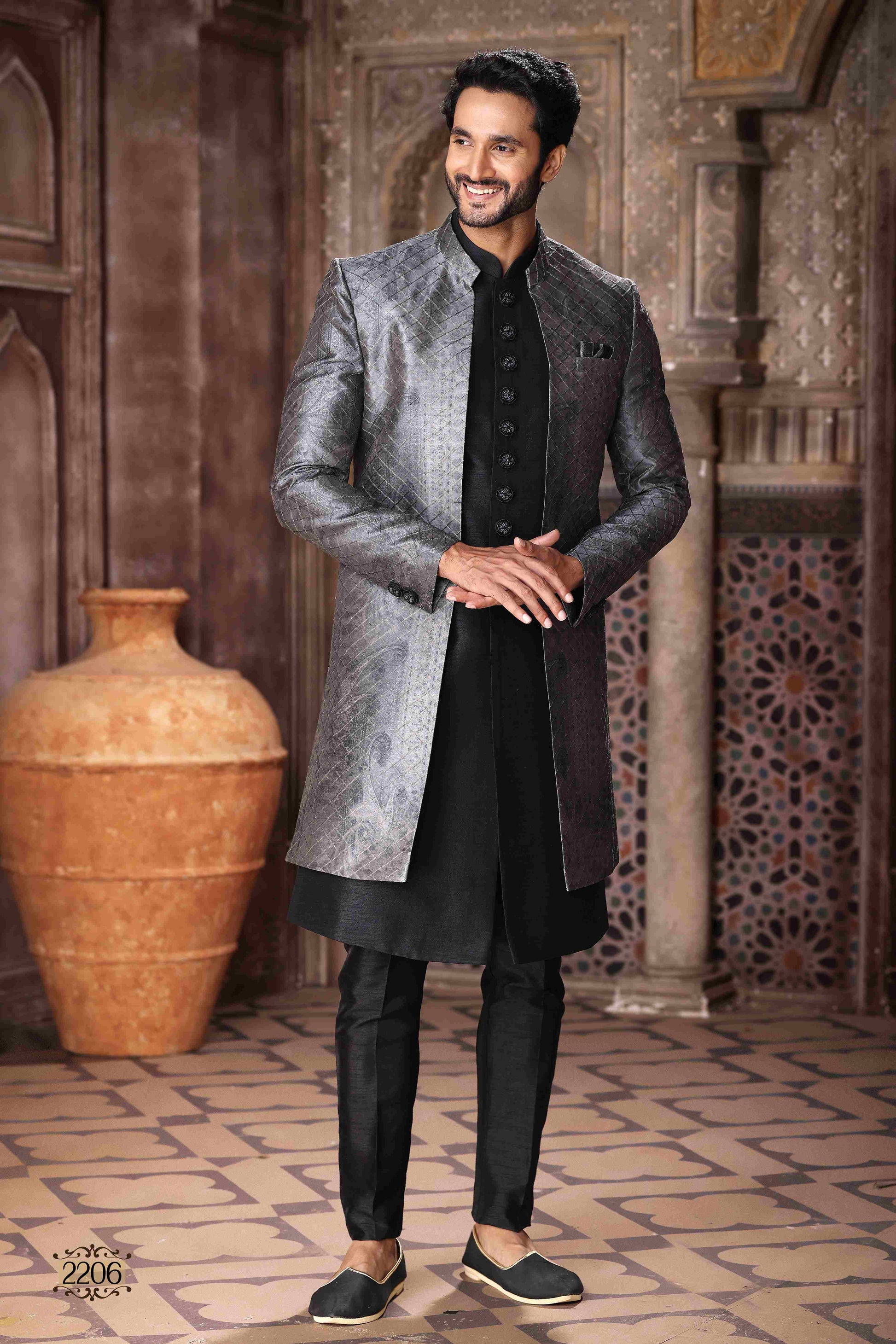 Raivat Ethnic Art Silk Embroidery Work 3 Pcs Indo Jacket Set In Grey Black Colour