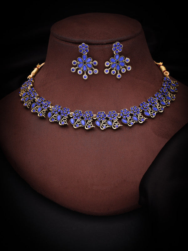 Tehzeeb Creations Luxurious Gold Polished Blue Colour Diamond Choker Necklace Set With Matching Earrings Tehzeeb Creations