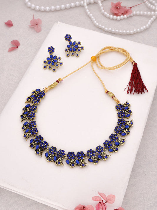 Tehzeeb Creations Luxurious Gold Polished Blue Colour Diamond Choker Necklace Set With Matching Earrings Tehzeeb Creations