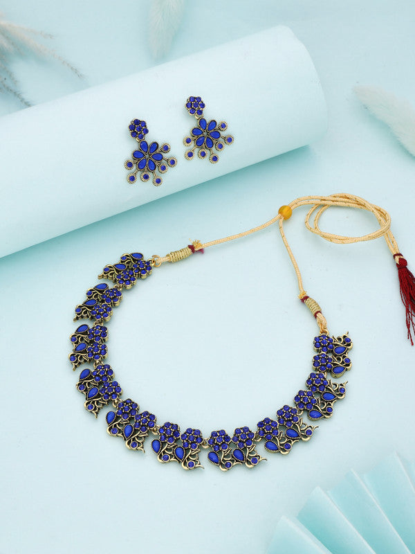 Tehzeeb Creations Luxurious Gold Polished Blue Colour Diamond Choker Necklace Set With Matching Earrings Tehzeeb Creations