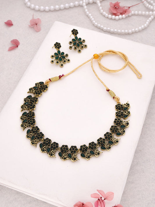 Tehzeeb Creations Luxurious Gold Polished Green Colour Diamond Choker Necklace Set With Matching Earrings Tehzeeb Creations