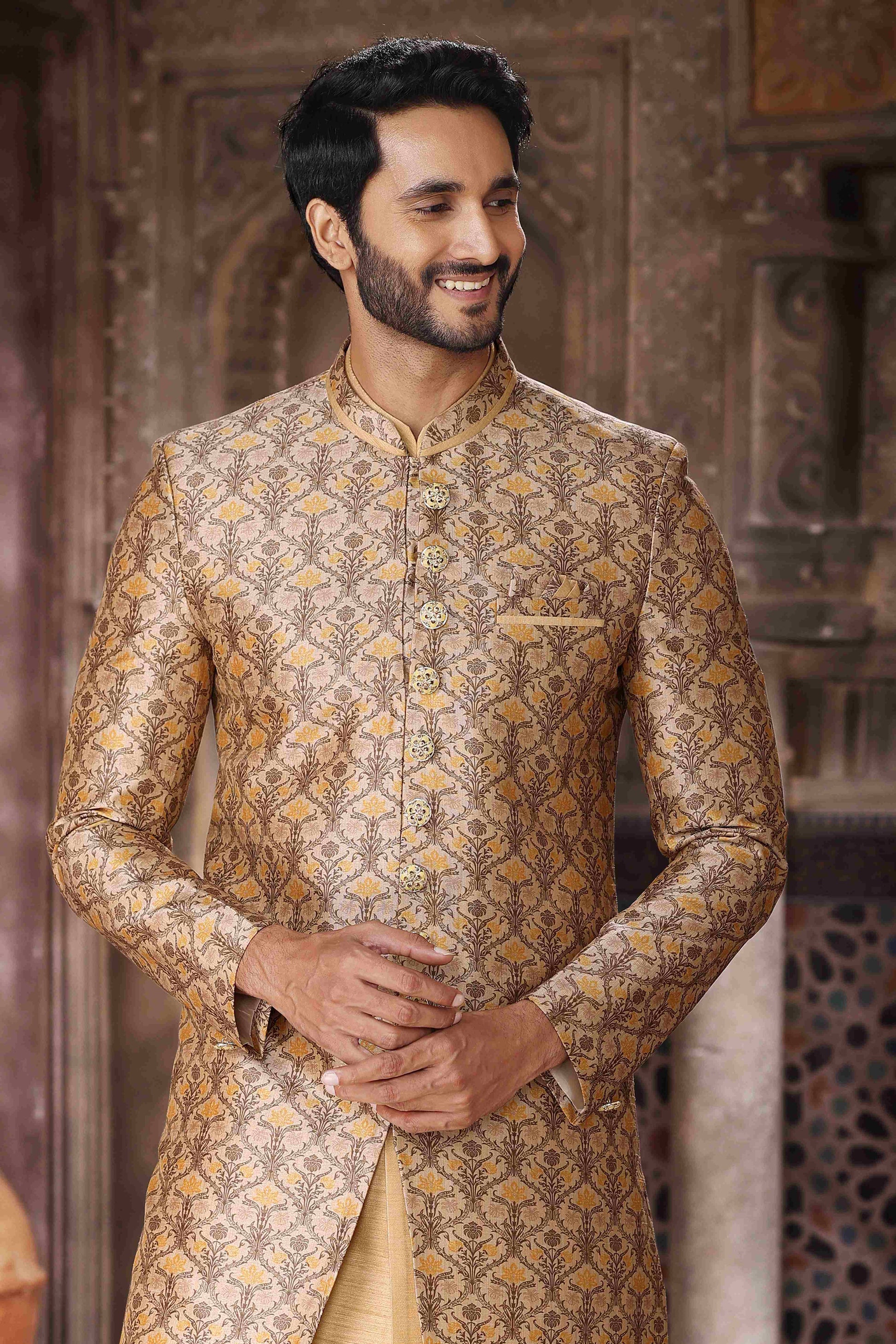 Raivat Ethnic Art Silk Embroidery Work 3 Pcs Indo Jacket Set In Yellow and Beige Colour