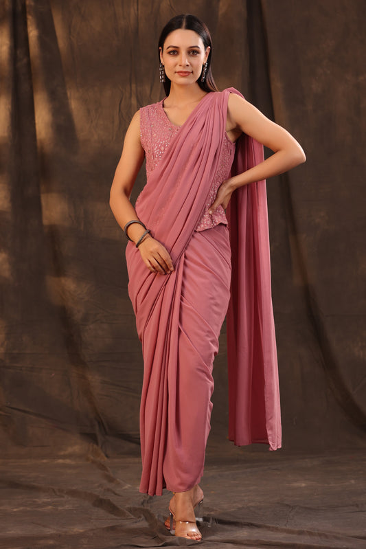 Juniper Women Rosegold Georgette Embellished Saree Style Dress - Grab2buy