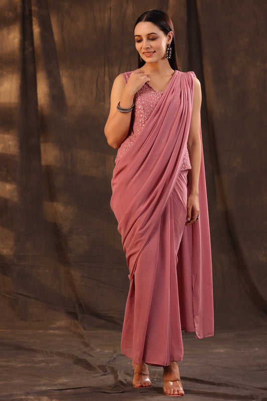 Juniper Women Rosegold Georgette Embellished Saree Style Dress - Grab2buy