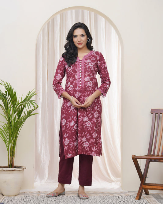 Vaasva Women Magenta Cotton Printed Straight Kurti | Grab2Buy