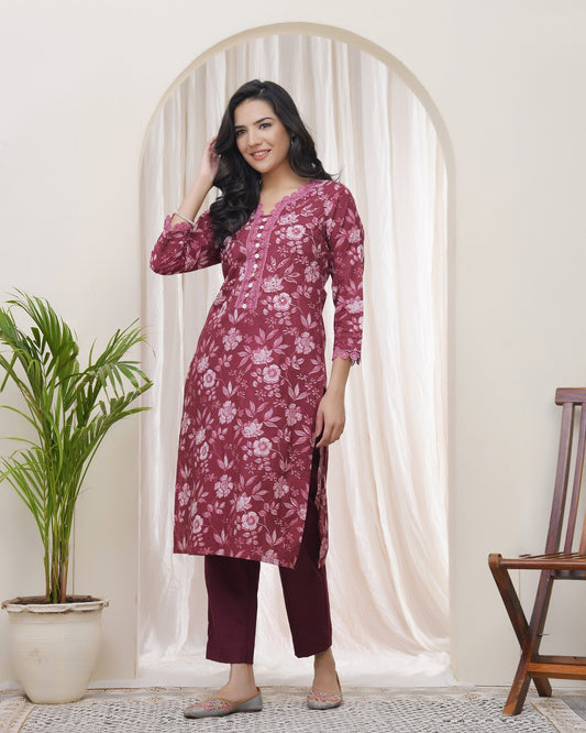 Vaasva Women Magenta Cotton Printed Straight Kurti 