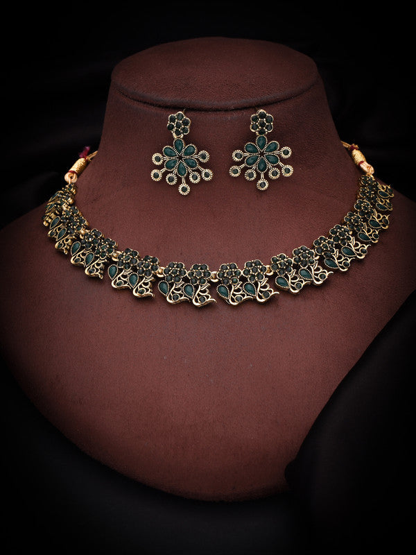 Tehzeeb Creations Luxurious Gold Polished Green Colour Diamond Choker Necklace Set With Matching Earrings Tehzeeb Creations