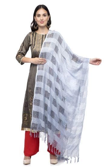 A R Silk Women's Cotton Window Check Silver Grey Regular Dupatta | Grab2Buy
