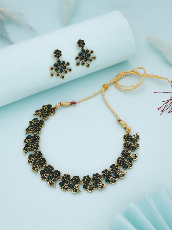 Tehzeeb Creations Luxurious Gold Polished Green Colour Diamond Choker Necklace Set With Matching Earrings Tehzeeb Creations