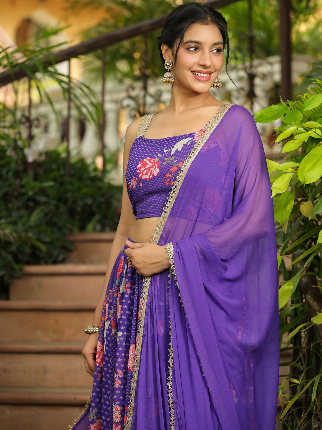 Janasya Purple Georgette Floral Lehenga Choli Dupatta 