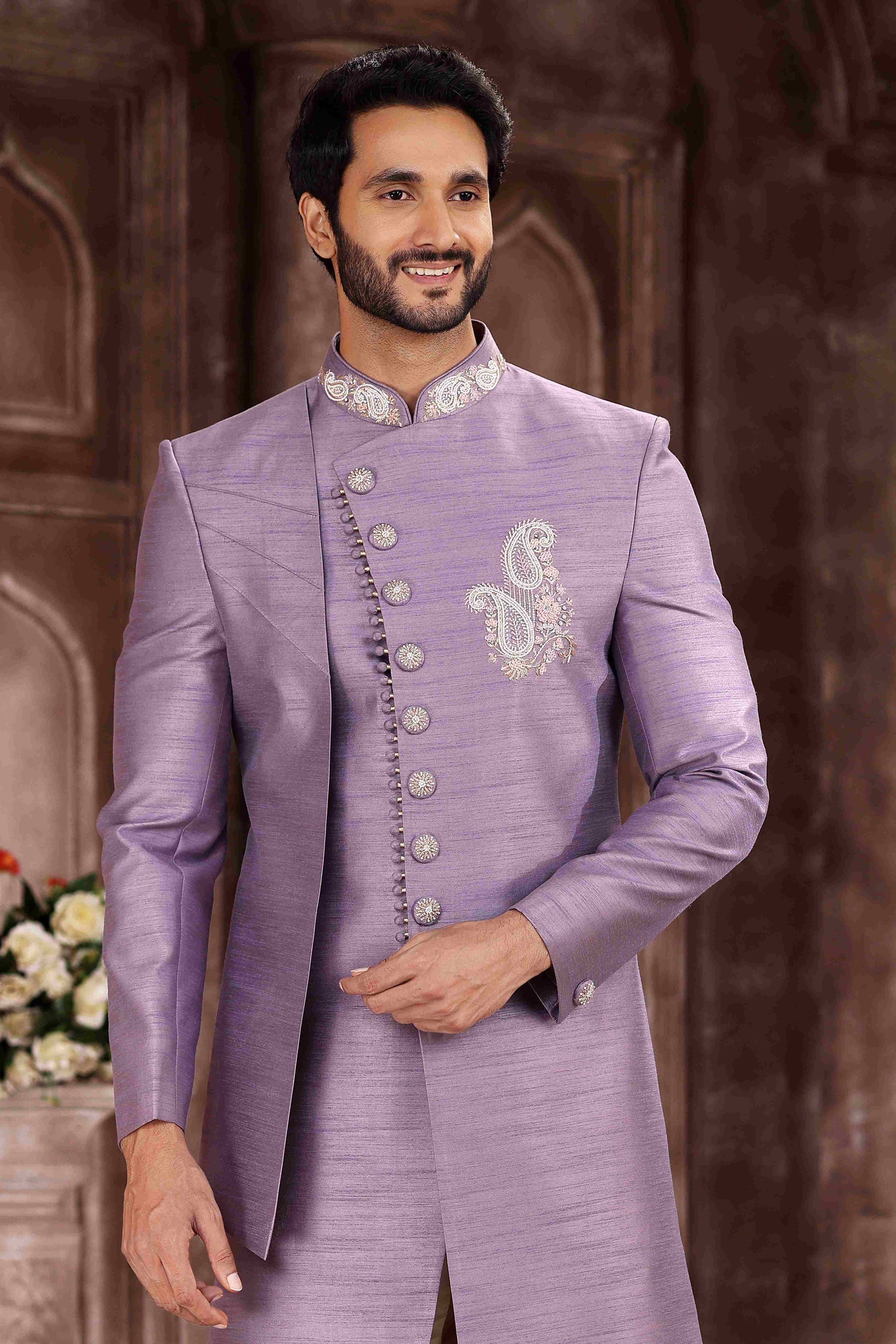 Raivat Ethnic Art Silk Embroidery Work Sherwani In Lavender Colour
