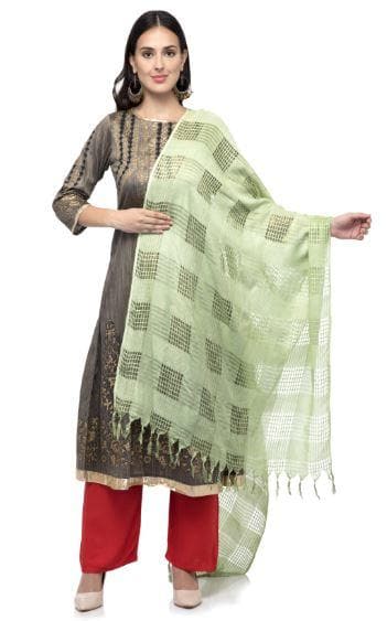 A R Silk Women's Cotton Window Check Pista Green Regular Dupatta | Grab2Buy