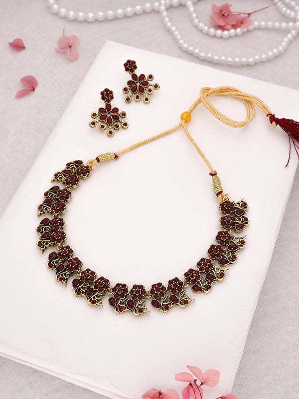 Tehzeeb Creations Luxurious Gold Polished Maroon Colour Diamond Choker Necklace Set With Matching Earrings Tehzeeb Creations