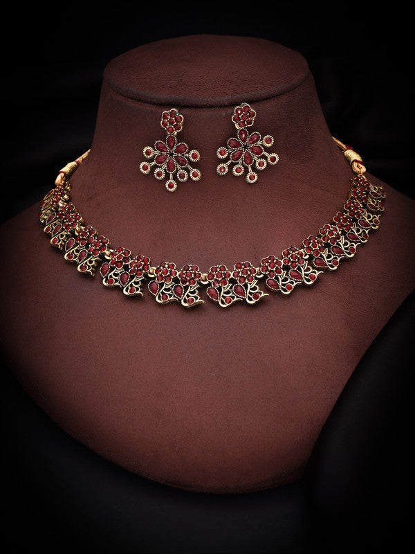 Tehzeeb Creations Luxurious Gold Polished Maroon Colour Diamond Choker Necklace Set With Matching Earrings Tehzeeb Creations
