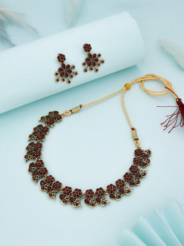 Tehzeeb Creations Luxurious Gold Polished Maroon Colour Diamond Choker Necklace Set With Matching Earrings Tehzeeb Creations