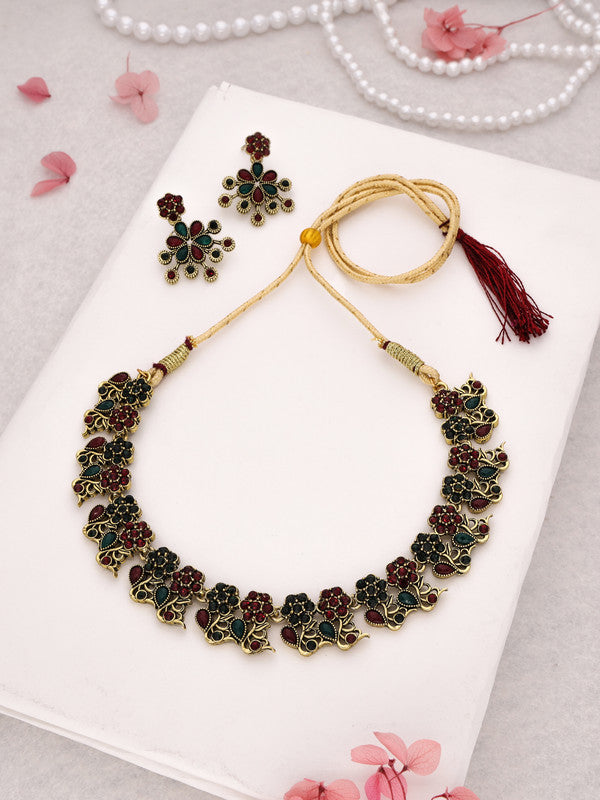 Tehzeeb Creations Luxurious Gold Polished Maroon & Green Colour Diamond Choker Necklace Set With Matching Earrings Tehzeeb Creations