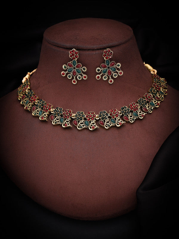 Tehzeeb Creations Luxurious Gold Polished Maroon & Green Colour Diamond Choker Necklace Set With Matching Earrings Tehzeeb Creations