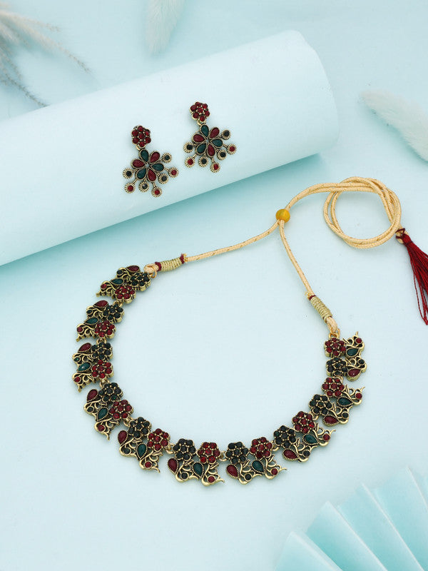 Tehzeeb Creations Luxurious Gold Polished Maroon & Green Colour Diamond Choker Necklace Set With Matching Earrings Tehzeeb Creations