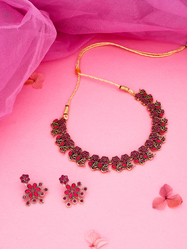 Tehzeeb Creations Luxurious Gold Polished Pink Colour Diamond Choker Necklace Set With Matching Earrings Tehzeeb Creations