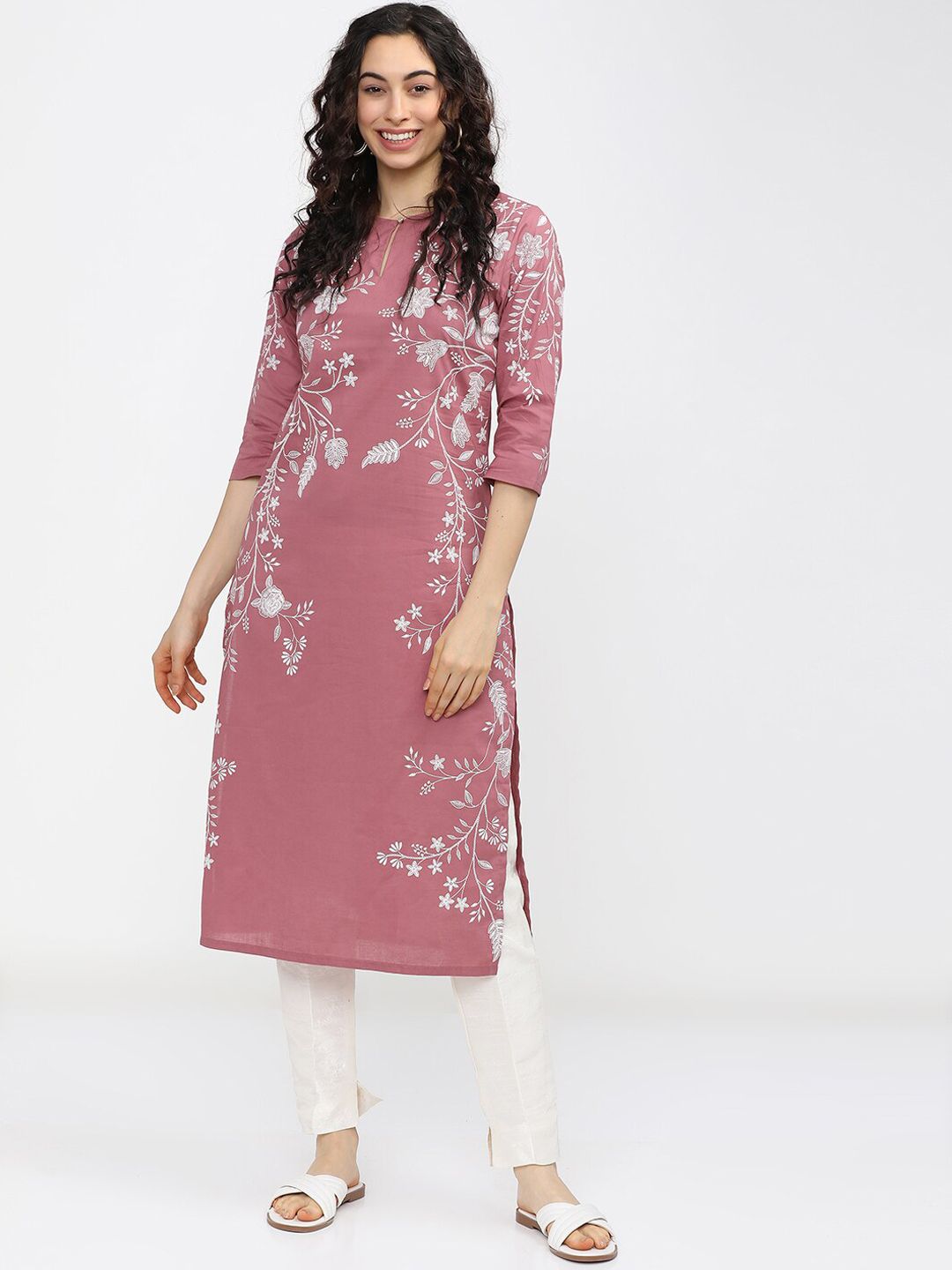 Vishudh Woman Pink Floral Printed Keyhole Neck Kurta | Grab2Buy