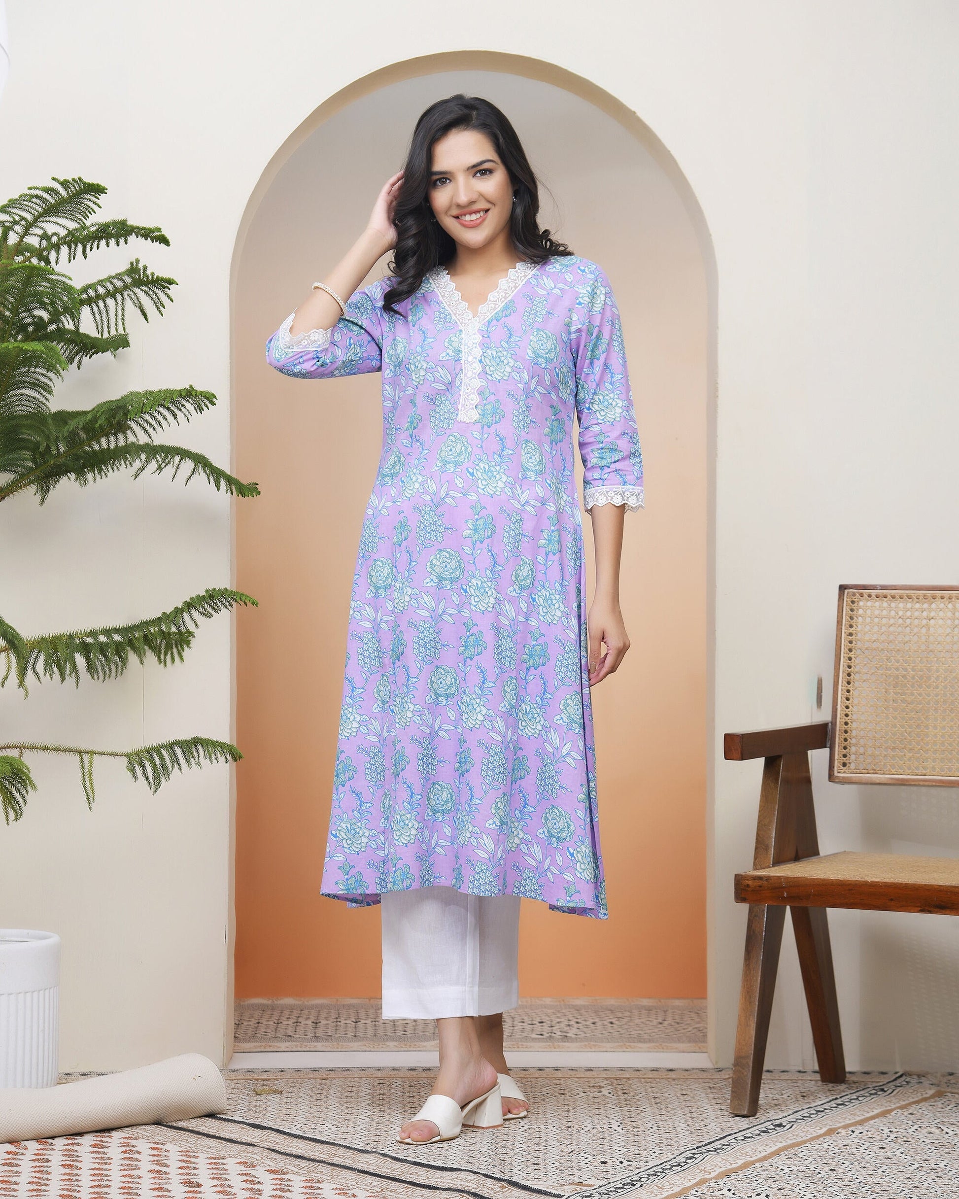 Vaasva Women Lavender Floral Cotton Printed Flare Kurti | Grab2Buy