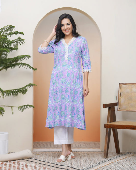 Vaasva Women Lavender Floral Cotton Printed Flare Kurti | Grab2Buy