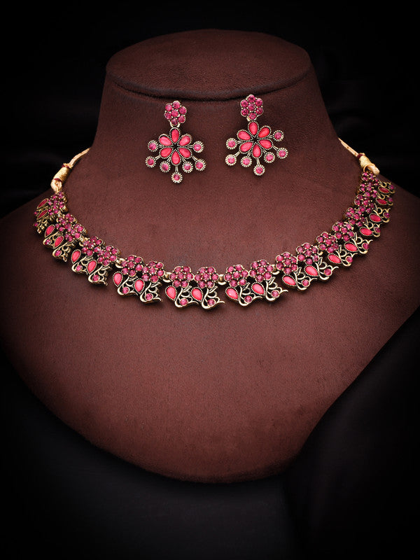 Tehzeeb Creations Luxurious Gold Polished Pink Colour Diamond Choker Necklace Set With Matching Earrings Tehzeeb Creations