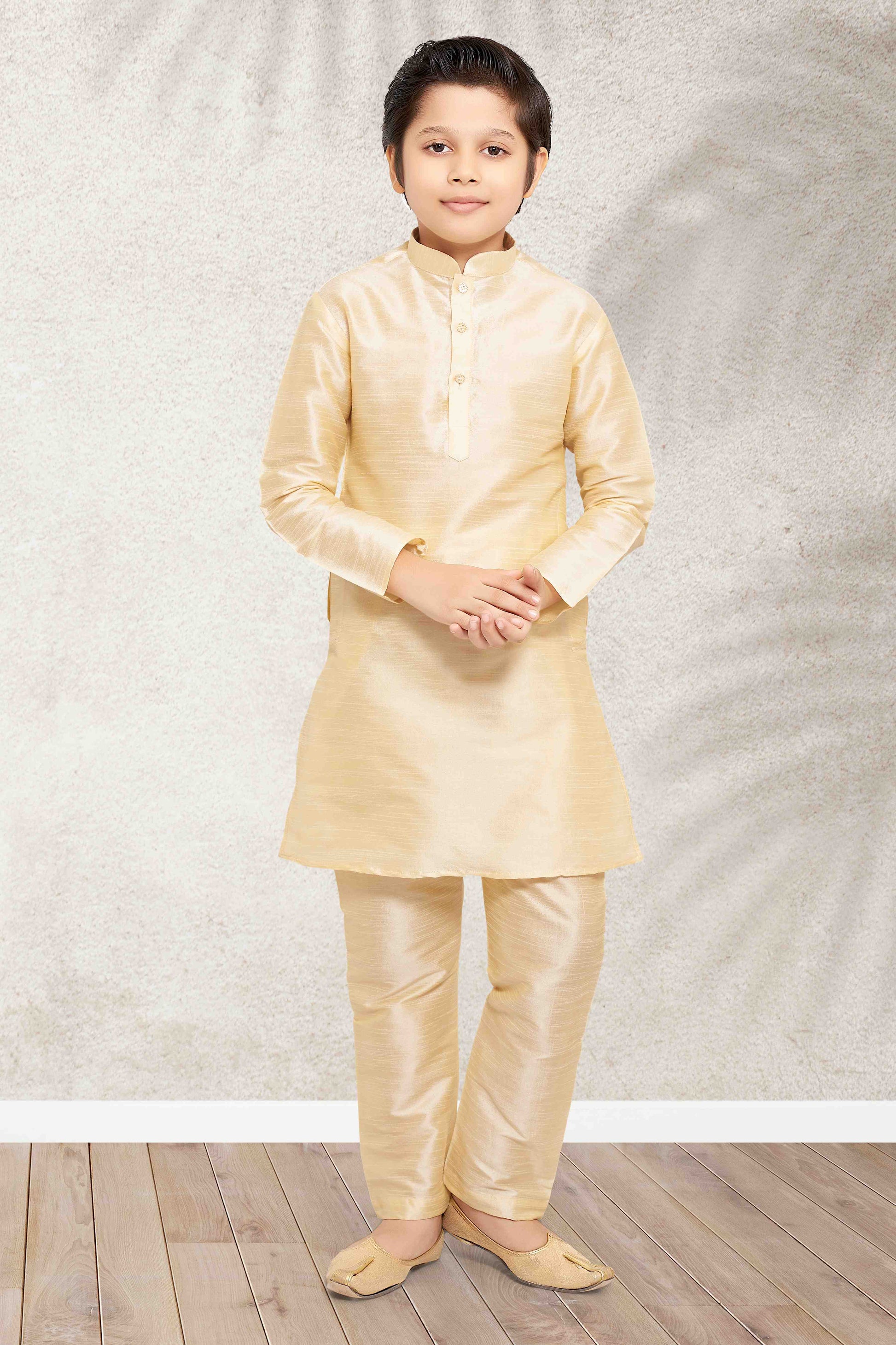 Raivat Ethnic Art Banarasi Silk Kids Kurta Pajama In Gold Colour