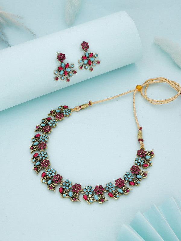Tehzeeb Creations Luxurious Gold Polished Pink & Sky Blue Colour Diamond Choker Necklace Set With Matching Earrings Tehzeeb Creations